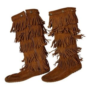 Minnetonka 5 Layer Fringe Brown Suede Mid Calf Boots Women’s Size 10